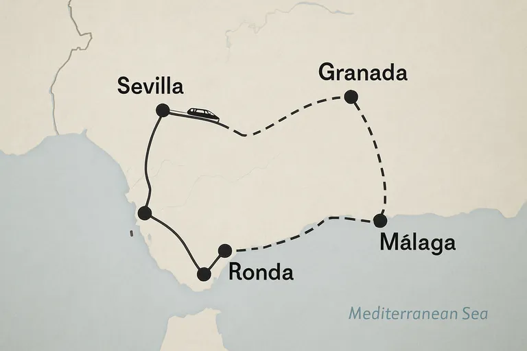 Route en reisschema tussen sevilla, córdoba, granada, málaga en ronda